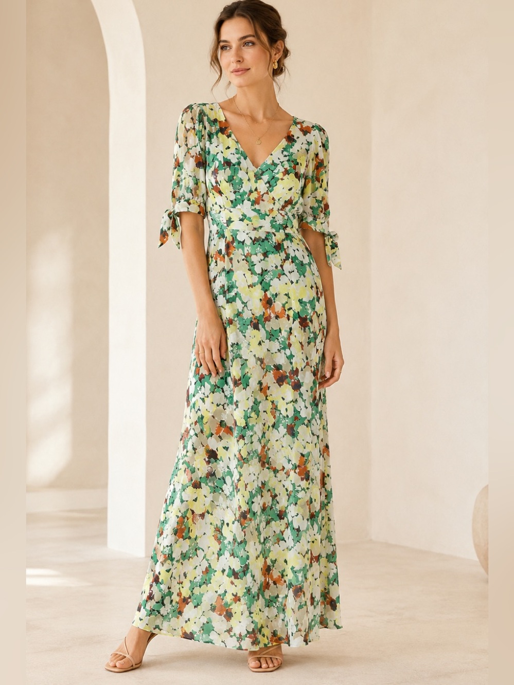 Anthropologie Floral Ruched Sleeve Maxi Dress Size Small